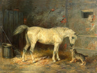 Fine Oleograph on Canvas of a Grey Horse & a Dog in a Stable