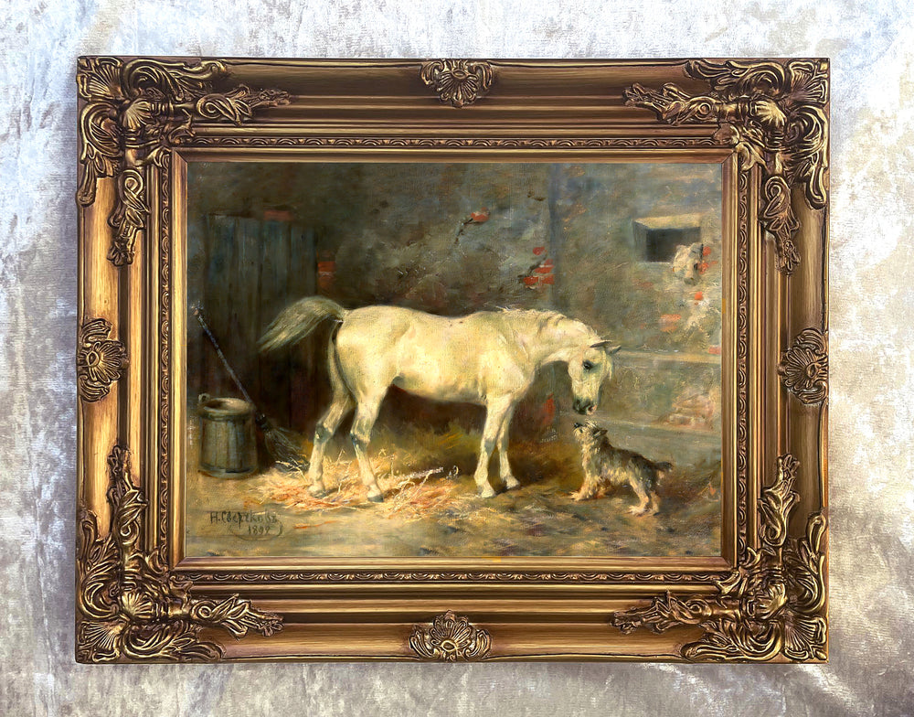 Fine Oleograph on Canvas of a Grey Horse & a Dog in a Stable