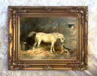 Fine Oleograph on Canvas of a Grey Horse & a Dog in a Stable