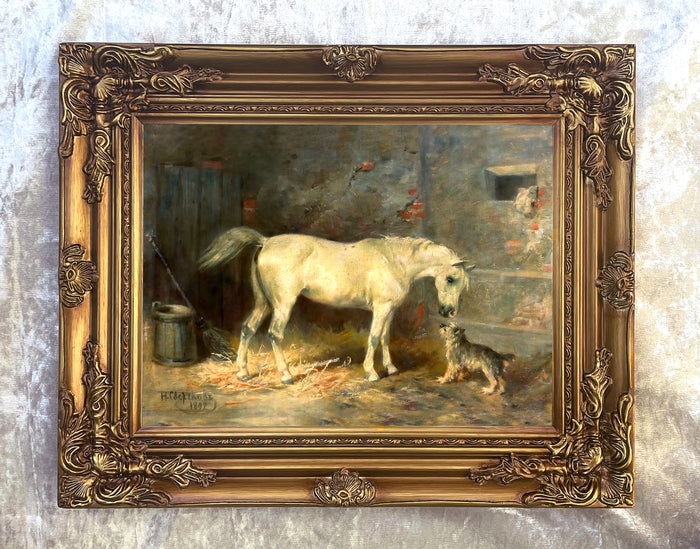 Fine Oleograph on Canvas of a Grey Horse & a Dog in a Stable