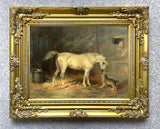 Fine Oleograph on Canvas of a Grey Horse & a Dog in a Stable