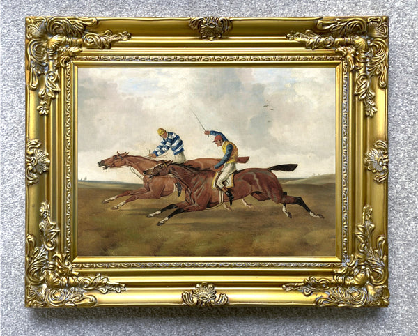 Oleograph on Canvas of 2 Racehorses "Neck & Neck" aft. Alfred Wheeler