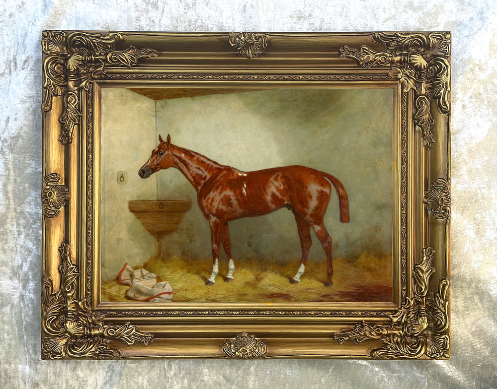 Fine Oleograph on Canvas of a Bay Racehorse in a Loosebox aft. Harry Hall