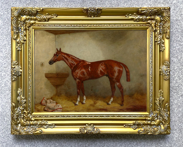 Fine Oleograph on Canvas of a Bay Racehorse in a Loosebox aft. Harry Hall