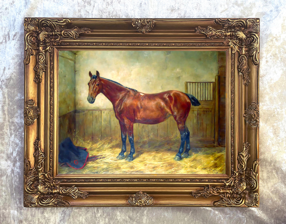 Fine Oleograph on Canvas of a Bay Hunter in a Stable aft. C.Gabriel