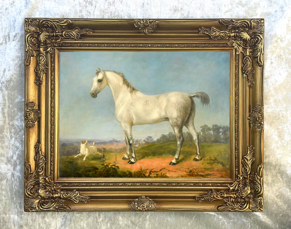 Fine Oleograph on Canvas of a Dapple Grey Welsh Cob & Terrier