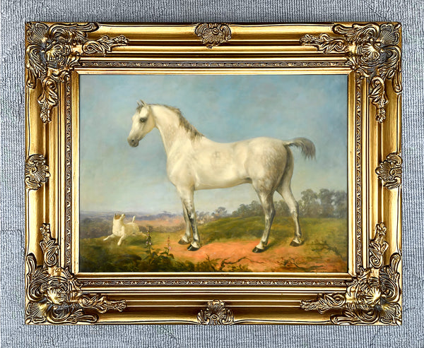 Fine Oleograph on Canvas of a Dapple Grey Welsh Cob & Terrier