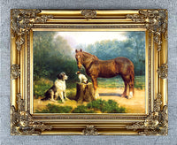 Fine Oleograph on Canvas of a Bay Horse & 2 Dogs in a Wooded Landscape