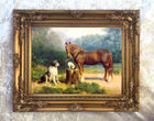 Fine Oleograph on Canvas of a Bay Horse & 2 Dogs in a Wooded Landscape