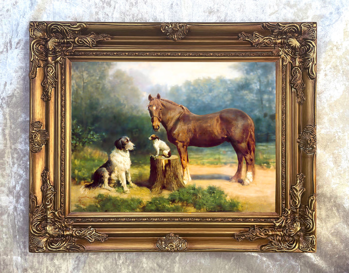 Fine Oleograph on Canvas of a Bay Horse & 2 Dogs in a Wooded Landscape