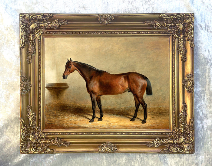 Fine Oleograph on Canvas of a Bay Horse in a Stall