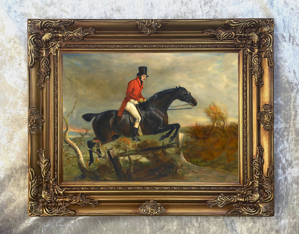 Fine Oleograph on Canvas of a Huntsman Taking a Fence