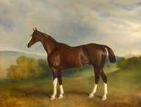 Fine Oleograph on Canvas of the Bay Racehorse "Gameboy" in a Rural Landscape