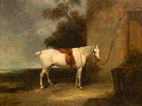 Fine Oleograph on Canvas of  a Saddled White Hunter in a Yard