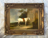 Fine Oleograph on Canvas of  a Saddled White Hunter in a Yard
