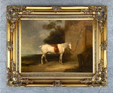 Fine Oleograph on Canvas of  a Saddled White Hunter in a Yard