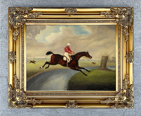 Fine Oleograph on Canvas - Over the Stream - A Steeplechase