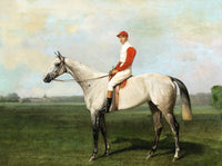 Fine Oleograph on Canvas of a Grey Racehorse with Jockey Up.