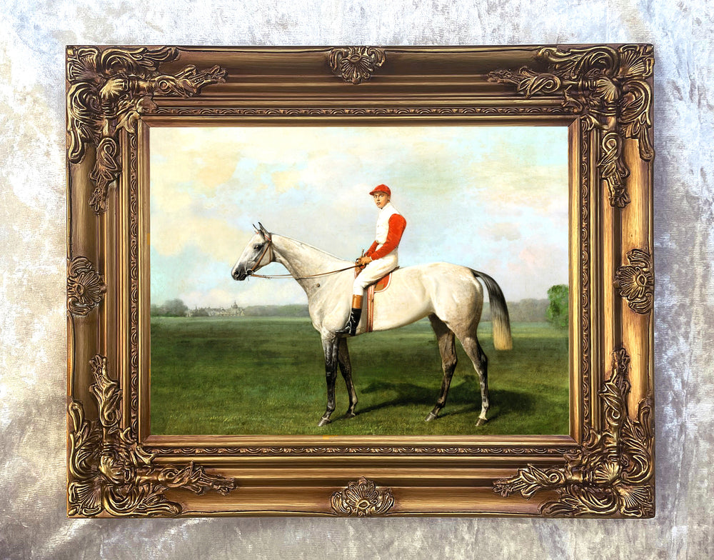 Fine Oleograph on Canvas of a Grey Racehorse with Jockey Up.