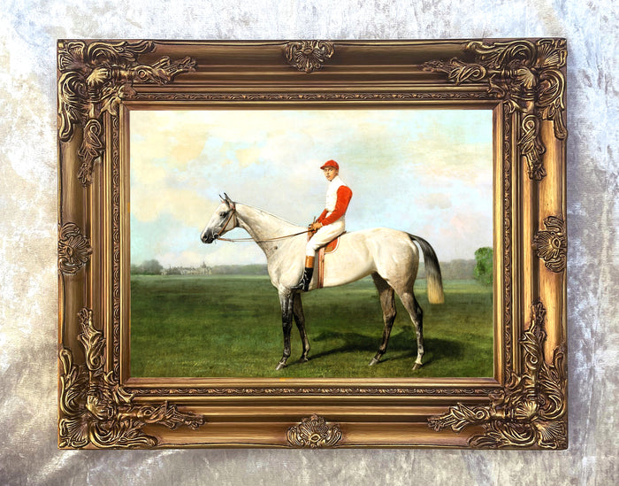 Fine Oleograph on Canvas of a Grey Racehorse with Jockey Up.