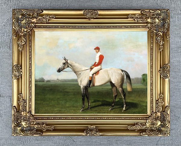 Fine Oleograph on Canvas of a Grey Racehorse with Jockey Up.