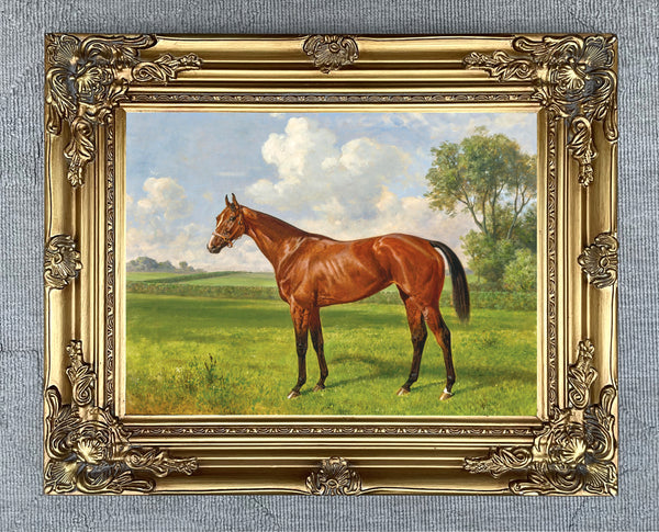 Fine Oleograph on Canvas of a Bay Horse in an Extensive Landscape
