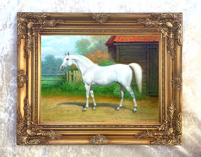 Fine Oleograph on Canvas - Portrait of a Grey Arab Stallion Racehorse