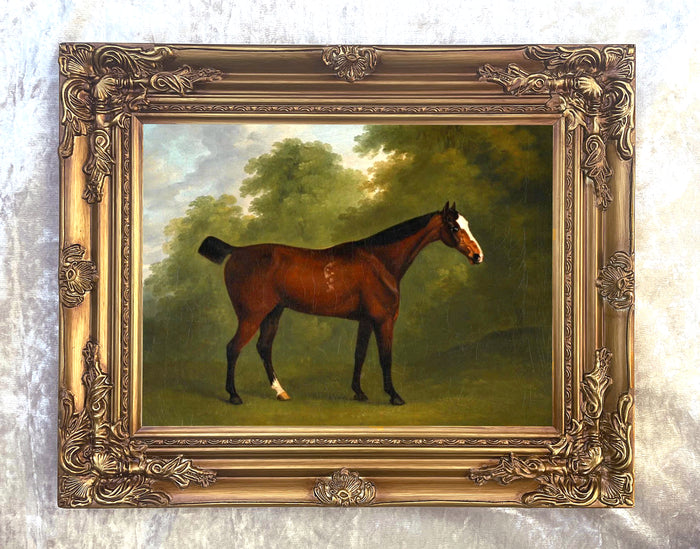 Fine Oleograph on Canvas - Portrait of a Bay Horse in a Wooded Landscape