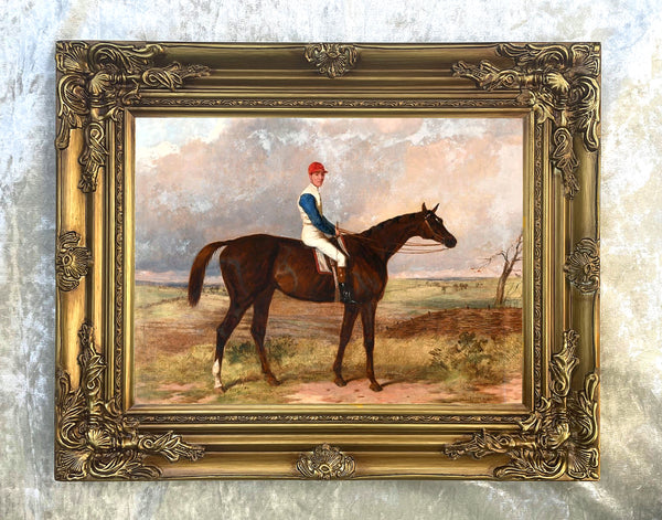 Fine Oleograph on Canvas - Portrait of a Racehorse with Jockey Up