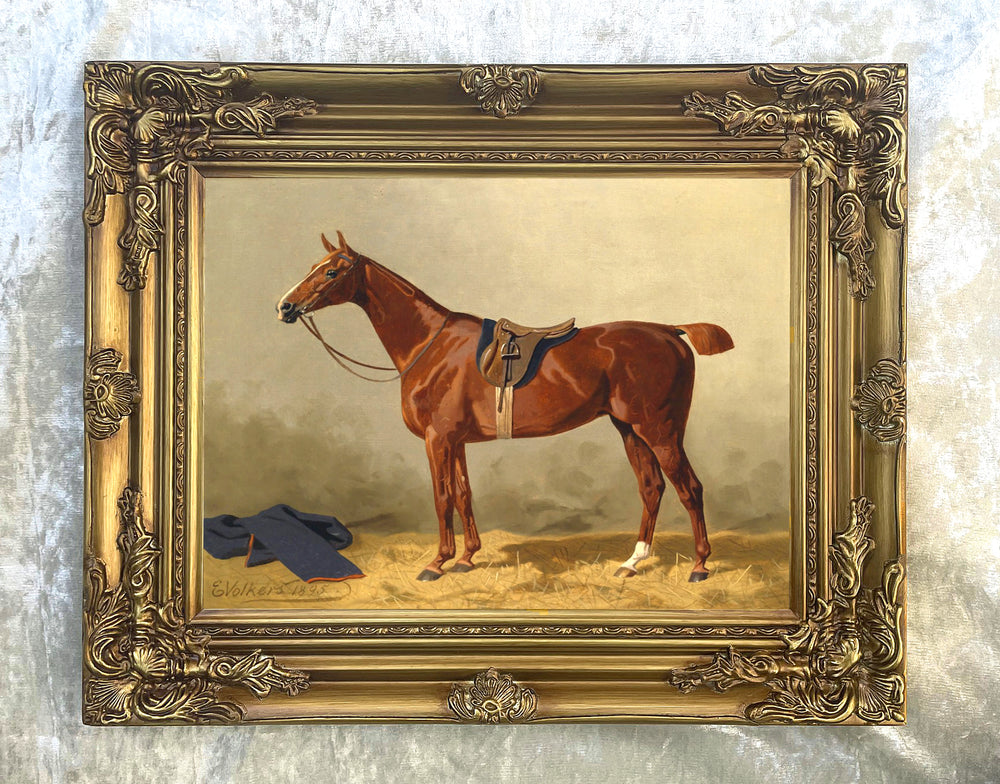 Fine Oleograph on Canvas - Study of a Chestnut Hunter in a Stall