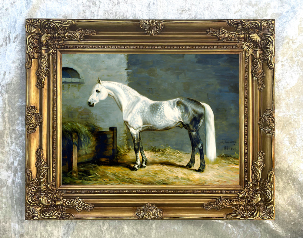 Oleograph on Canvas of a Dapple Grey Horse in a Stable