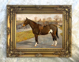 Fine Oleograph on Stretched Canvas of a Saddled Hunter in a Lane