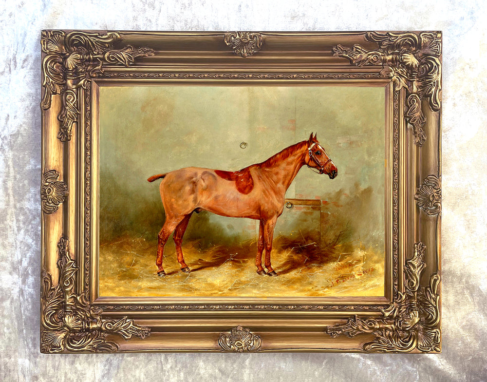 Fine Oleograph on Canvas - Study of a Saddled Chestnut Hunter in a stable