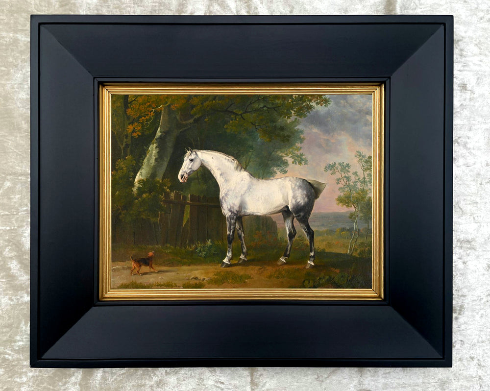 Fine Large Oleograph on Canvas of a Grey Horse & Dog in a Landscape