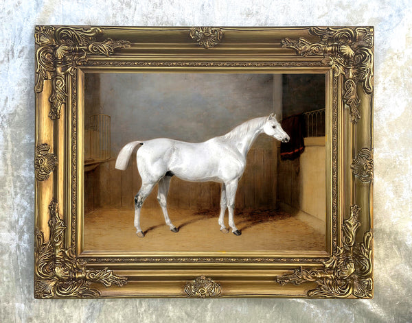 Fine Oleograph on Stretched Canvas - Grey Stallion in a Stable