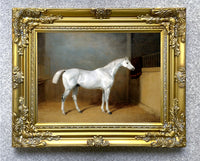 Fine Lithograph on Stretched Canvas - Grey Stallion in a Stable