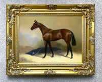 Fine Gilt Framed Lithograph of a Bay Racehorse in a Stable - aft. Edwin Douglas