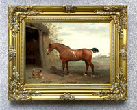 Fine Oleograph on Canvas of a Chestnut Horse & Terrier in a Yard