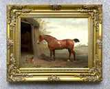 Fine Oleograph on Canvas of a Chestnut Horse & Terrier in a Yard