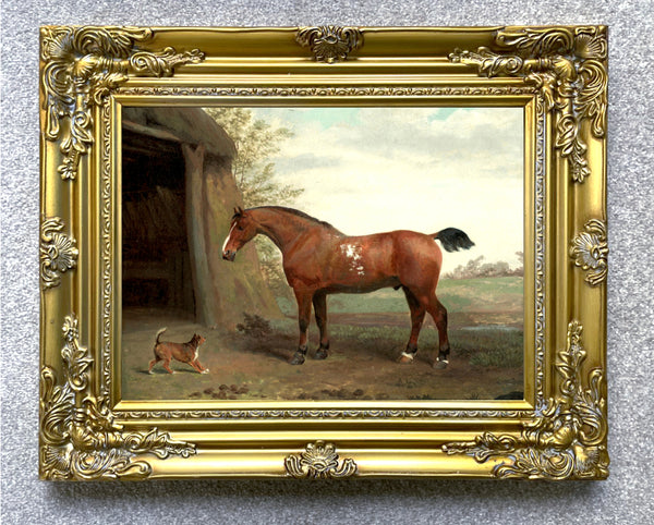 Fine Oleograph on Canvas of a Chestnut Horse & Terrier in a Yard