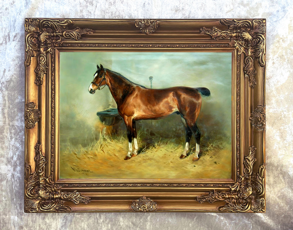 Oleograph on Canvas of a Bay Hunter in a Stable