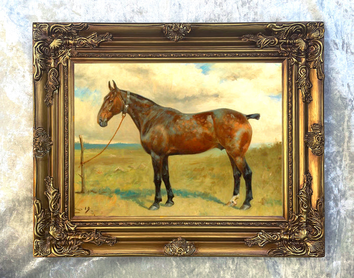 Gilt Framed Oleograph of  a Bay Hunter in a Landscape