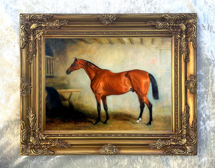 Gilt Framed Oleograph of  a Racehorse in a Stable