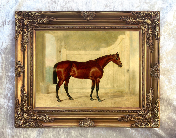 Gilt Framed Oleograph of  a Bay Hunter in a Stable after J.F.Herring