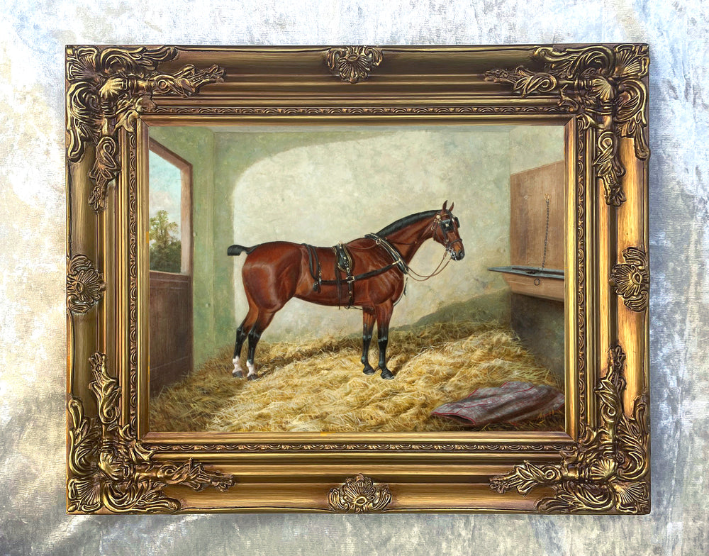 Oleograph on Canvas of a Bay Horse in a Stable