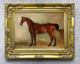 Oleograph on Canvas of the Bay Horse "Escape" in a Stable