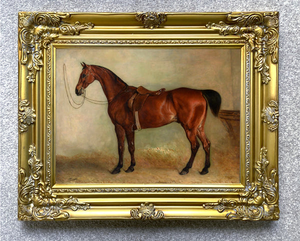 Oleograph on Canvas of the Bay Horse "Escape" in a Stable