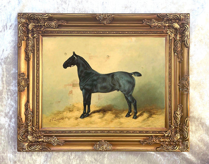 Oleograph on Canvas of a Black Horse in a Stable