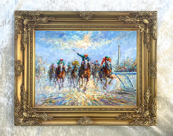 Fine Oleograph on Stretched Canvas - Impressionist Horse Racing Scene