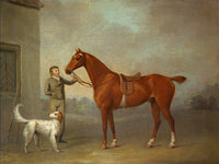 Fine Oleograph on Canvas - Chestnut Hunter with a Groom by a Stable